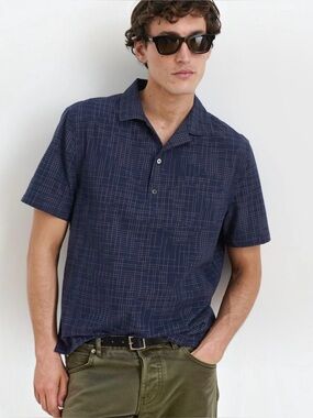 NWT Alex Mill Short Sleeve Popover Shirt 2XL Navy Broken Crosshatch Camp Collar